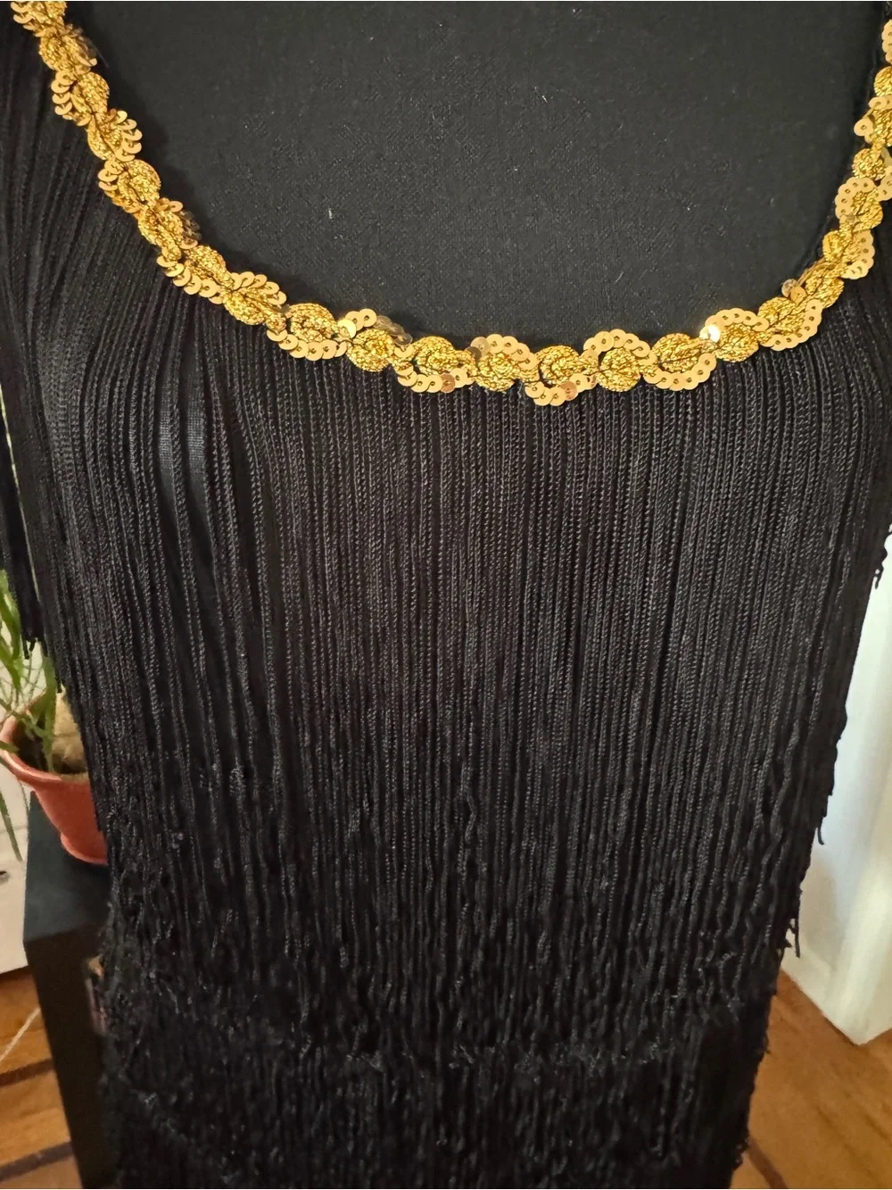 Black Fringe Flapper Costume. Dress with Gold Trim and Feather Headband. Size M